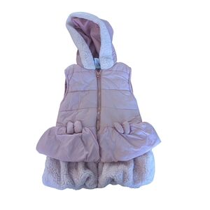 EUC Girls 6x little lass faux fur quilted hooded puffer vest zip bows pink
